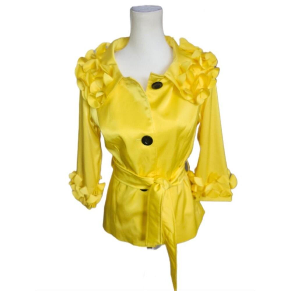 Multiples NWT 3/4 Sleeve Yellow Short Trench, Ruffles Buttons Tie Belt, S - Picture 2 of 11
